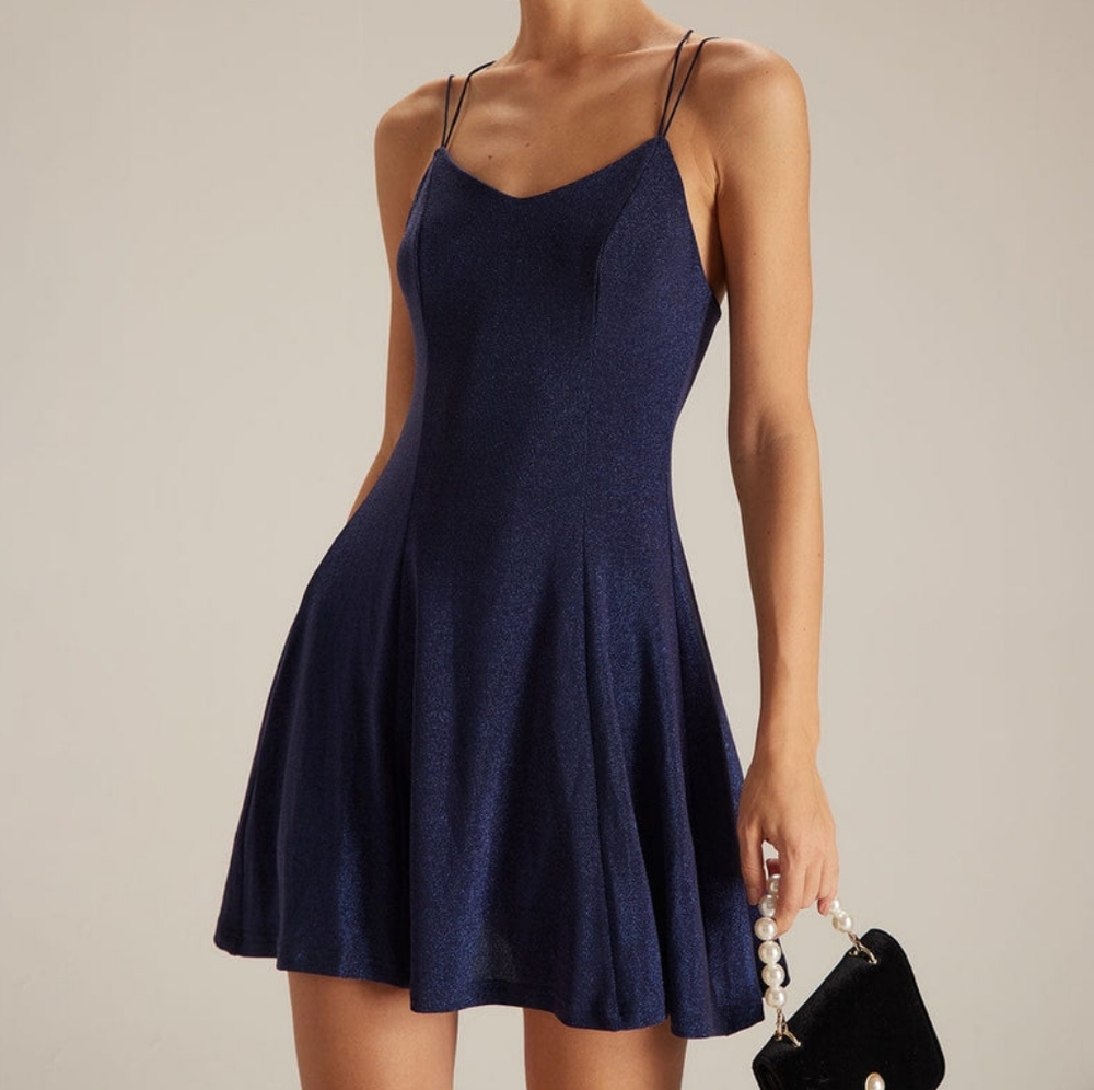 Rihoas Navy V Neck Lurex A-Line Slip Mini Dress